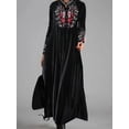thumbnail image 1 of Women’s Black Velvet Maxi Dress Stand Collar Long Sleeve Dress with Red Multicolored Floral Embroidery and Hidden Pockets, 1 of 3