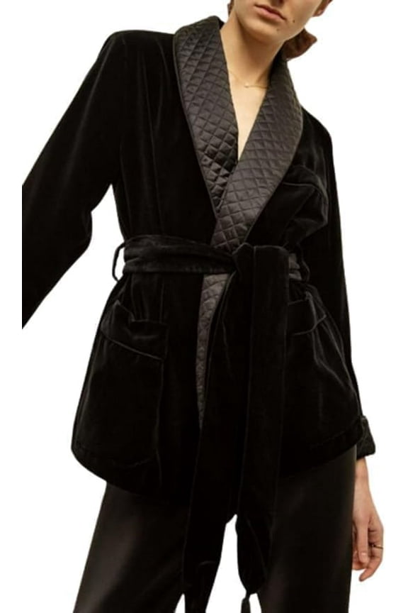 Women's Black Velvet Smoking Jackets Quilted Robes Smoking Jackets Coats Party Wear