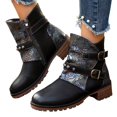 thumbnail image 1 of Women's Black Vintage Ankle Boots Platform Non Slip Patchwork Leather Combat Boots Fashion Buckle Mid Calf Booties Size 9, 1 of 7