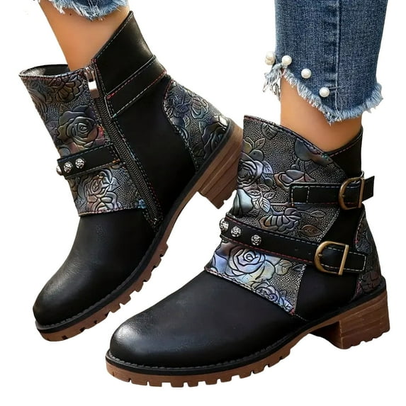 Women's Black Vintage Ankle Boots Platform Non Slip Patchwork Leather Combat Boots Fashion Buckle Mid Calf Booties Size 9