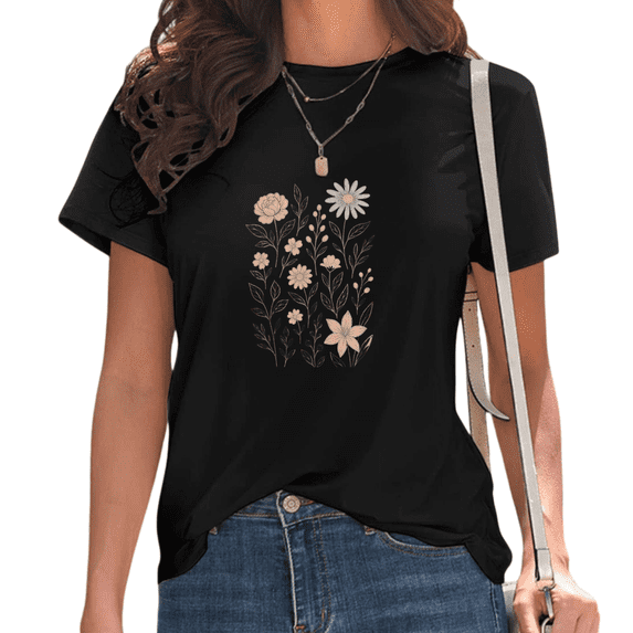 Women's Black Vintage Floral Line Art Print T-Shirt Casual Short Sleeve Tees for Boho Floral Lover Tops S-5XL