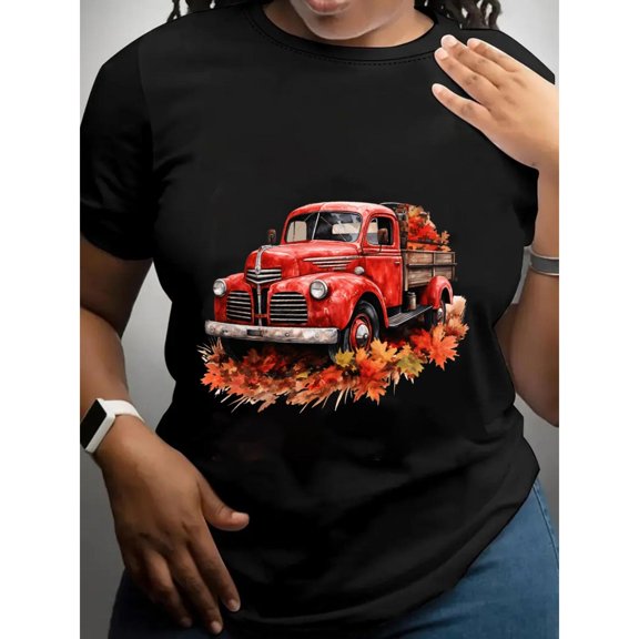 Women's Black Vintage Red Truck Autumn Graphic Tee Plus Size S-5XL, Seasonal Printed T-Shirt, Casual Oversized Top for Fall Enthusiasts & Nostalgia Lovers