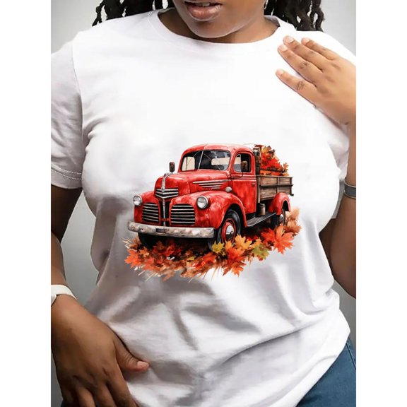 Women's Black Vintage Red Truck Autumn Graphic Tee Plus Size S-5XL, Seasonal Printed T-Shirt, Casual Oversized Top for Fall Enthusiasts & Nostalgia Lovers