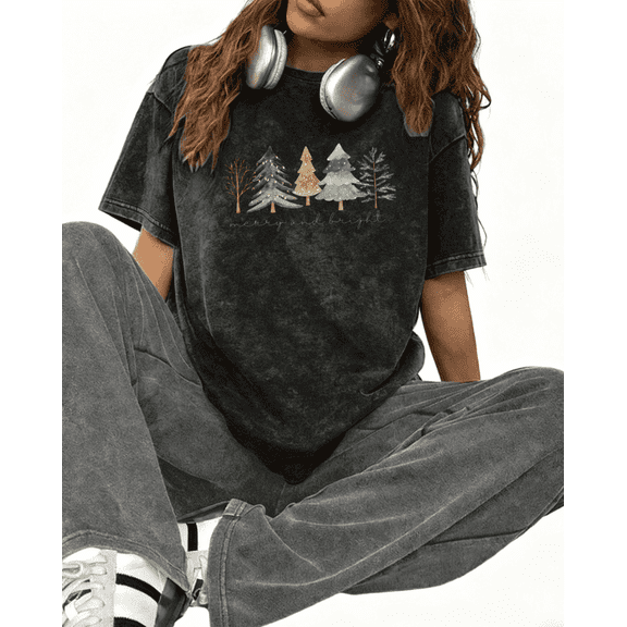 Women's Black Vintage Washed Oversized T-Shirt "Retro Watercolor Christmas Trees Merry and Bright" Christmas-Themed Casual Tops S-3XL