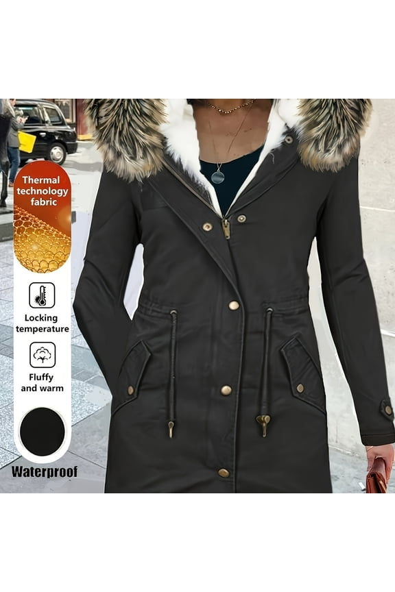 Women's Black Warm Zip-up Hooded Jacket Detachable Collar