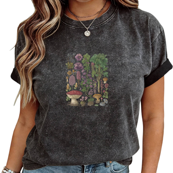 Women's Black Washed Cottagecore Mushroom & Floral Print T-Shirt Casual Cuffed Short Sleeve Tees S-2XL