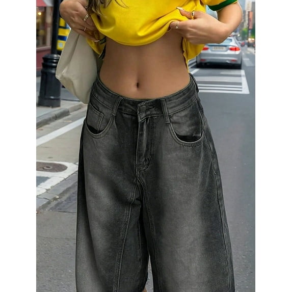 Women's Black Washed Denim Jeans Baggy Wide Leg Vintage Streetwear Style