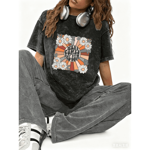 Women's Black Washed Here Comes The Sun Daisy Graphic Tees Print Tshirt Shirts Short Sleeve S-2XL Tops