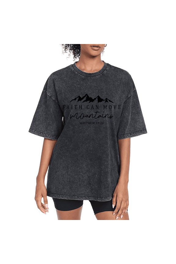 Women's Black Washed Print Tshirt Graphic Tees Christian Faith Mountain S-2XL Shirts Tops