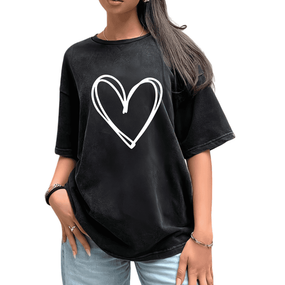 Women's Black Washed Print Tshirt Graphic Tees Minimalist Love Heart Pattern Shirts S-2XL Casual Daily Tops