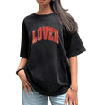 thumbnail image 1 of Women's Black Washed Print Tshirt Graphic Tees Vintage "Lover" Varsity Font Pattern Shirts S-2XL Casual Daily Tops, 1 of 5