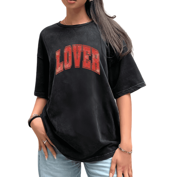 Women's Black Washed Print Tshirt Graphic Tees Vintage "Lover" Varsity Font Pattern Shirts S-2XL Casual Daily Tops