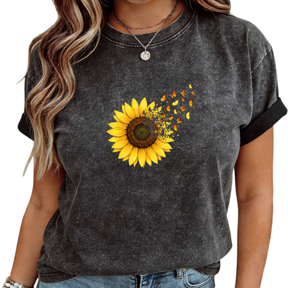 Women's Black Washed Sunflower Butterfly Confetti Print T-Shirt Casual Cuffed Short Sleeve Tees S-2XL
