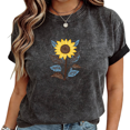 thumbnail image 1 of Women's Black Washed Vintage Sunflower & Feather Print T-Shirt Casual Cuffed Short Sleeve Tees S-2XL, 1 of 5