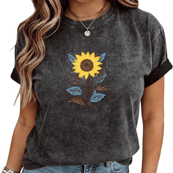 Women's Black Washed Vintage Sunflower & Feather Print T-Shirt Casual Cuffed Short Sleeve Tees S-2XL