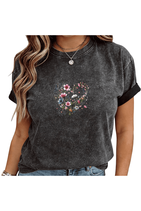 Women's Black Washed Wildflower Bouquet Heart Print T-Shirt Casual Cuffed Short Sleeve Tees S-2XL