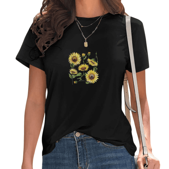 Women's Black Watercolor Sunflower Bouquet Print T-Shirt Casual Short Sleeve Tees for Boho Sunflower Lover Tops S-5XL