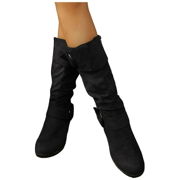Women's Black Wedge Knee High Boots Wide Calf Suede Slouchy Tall Motocycle Booties Side Zipper Knee Length Buckle Boots