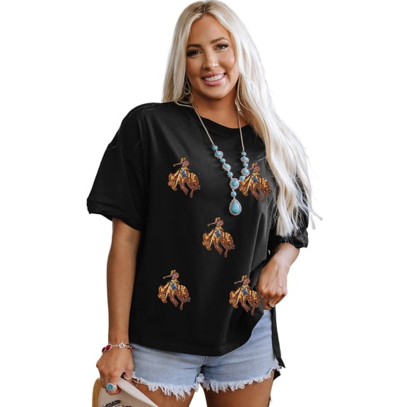 Women's Black Western Horse Patched Crew Neck Graphic T-Shirt for Casual Wear | [ZhiHiMeRi] | (US 16-18)XL