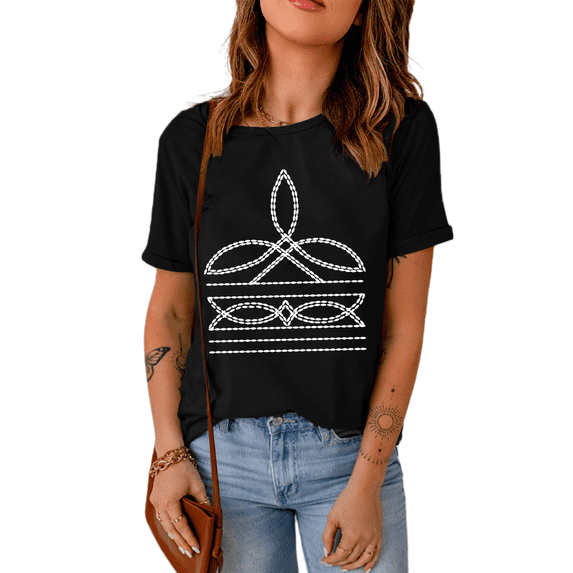 Women's Black Western Pattern Print Slim Fit Crew Neck T-Shirt