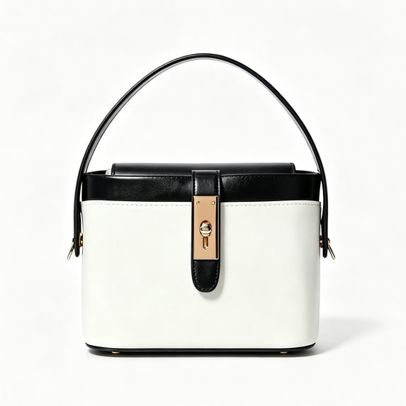 Women’s Black White Bucket Handbag, Top Handle Purse with Lock Detail