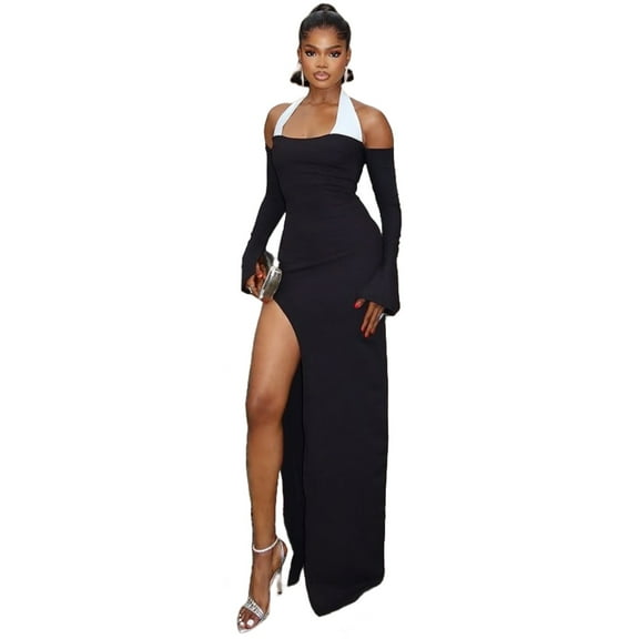 Women's Black & White Color Spliced Lace-up Halter Off Shoulder Long Sleeve Split Long Dress, Backless, Sexy