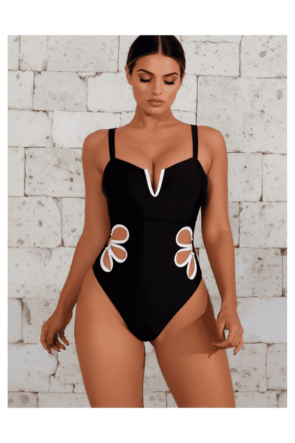 Women's Black White Cutout Plunging V-Neck Floral One Piece Swimsuit