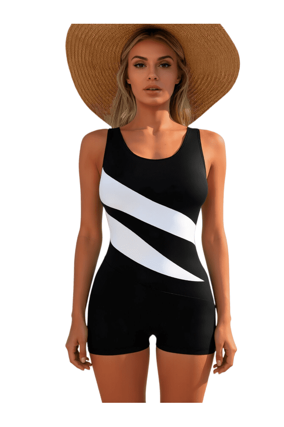 Women's Black & White Diagonal Stripe Boyleg One-Piece Swimsuit, Modest Tummy Control Bathing Suit for Water Sports & Beach