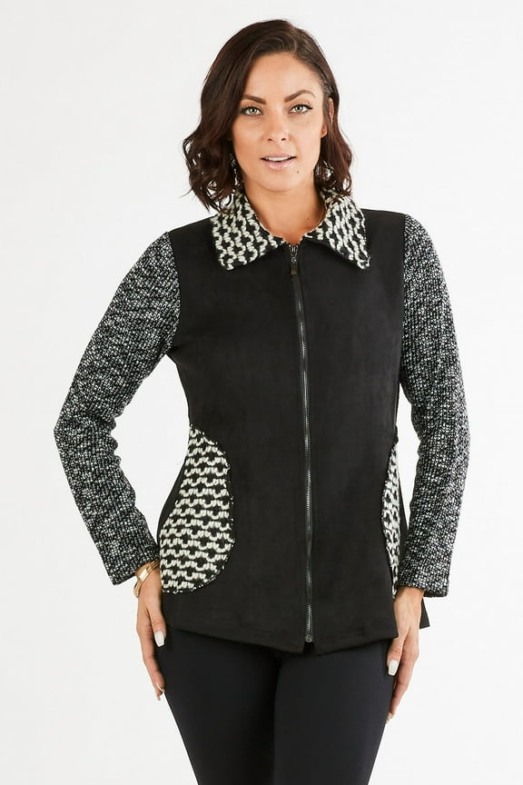 Women's Black/White Faux Suede Knit Patchwork Zip-Up Cardigan Jacket