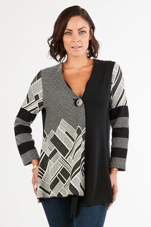 Women's Black/White Geometric Print One-Button Down Cardigan Jacket