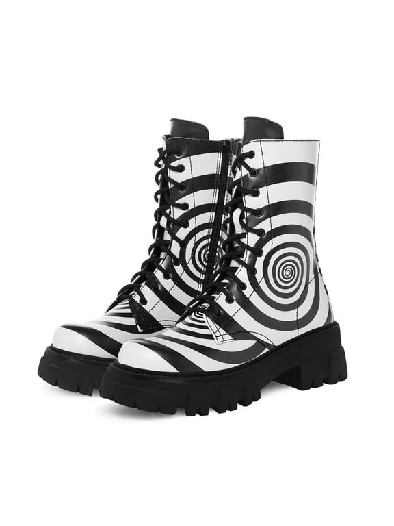 Women's Black and White Hypnotic Swirl Combat Boots,Comfort Lug Sole, Gothic Punk Optical Illusion Lace-Up Platform Ankle Boots with Inside Zipper for Festival, Rave, Club Wear