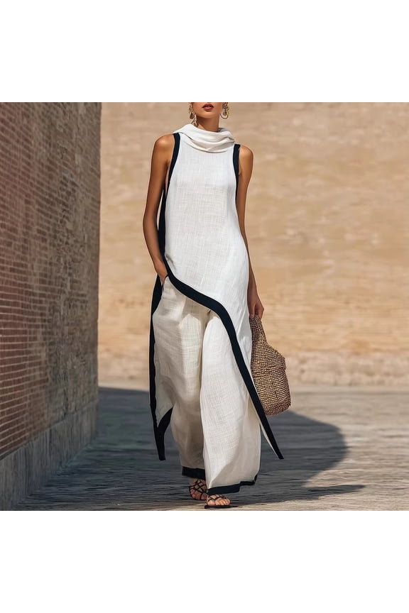 Women's Black & White Linen 2-Piece Set Sleeveless Cowl Neck Overlay Top & High Waist Wide Leg Pants Modern Minimalist Breathable Outfit with Side Pockets