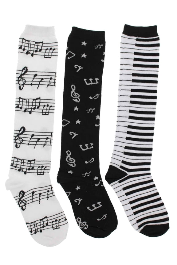 Women's Black White Music Notes, Piano Keys, Instruments Knee High Socks, (3Pr)