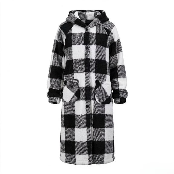 Qeils Women's Plaid Hooded Polar Fleece Long Coat, Black White