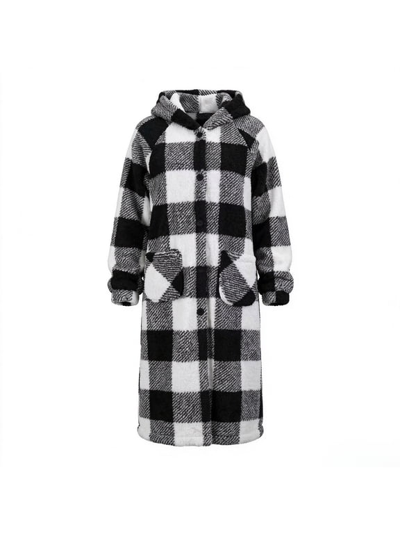 Women's Black White Plaid Hooded Sherpa Fleece Long Coat, Button Front Oversized Duster Jacket with Pockets, S-XL