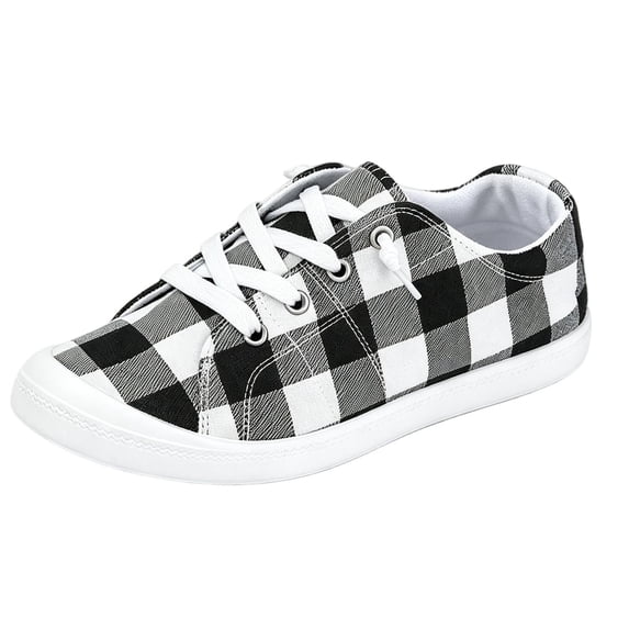 Women's Black White Plaid LowTop Canvas Sneakers Christmas Fashion Lace Up Lightweight Casual Walking Flat Shoes for Holiday Daily Wear