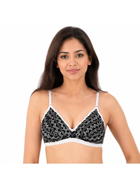 Womens Black & White Printed Cotton Bra Size 32, Non Padded Wirefree Full Coverage Everyday Comfort Bra with Adjustable Straps