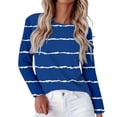 thumbnail image 1 of Women's Black White Striped Print Raglan Sleeve Round Neck Sweatshirt, Long Sleeve Soft Rayon Blend Pullover Top with Loose Fit for Fall Season, Casual Streetwear and Legging Pairing Outfits Blue, 1 of 8