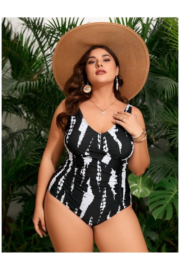 Women's Black White Tie-Dye Stripe One-Piece Swimsuit, Deep V Ruched Tummy Control Plus Size Bathing Suit for Summer Beach, XL-4XL