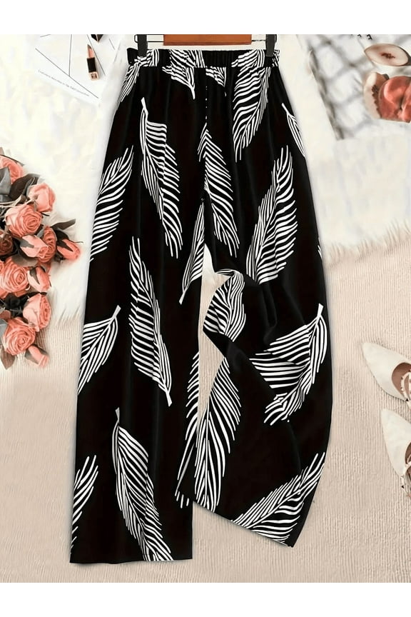 Women's Black & White Tropical Leaf Print Drawstring Pants