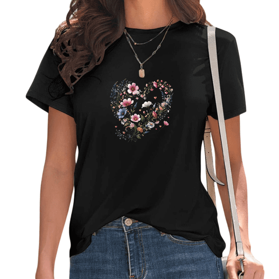 Women's Black Wildflower Heart Bouquet Print T-Shirt Casual Short Sleeve Tees for Boho Floral Lover Tops S-5XL