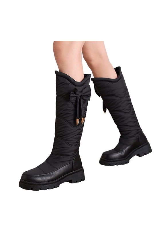 Women's Black Winter Warm Down Cowboy Boots Cute Bowknot Plush Knee High Boots Pull On Furry Lined Platform Booties Size 9