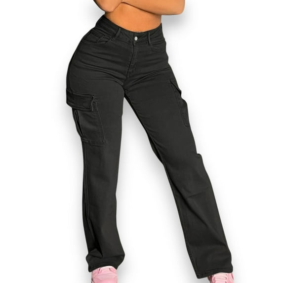 Women’s Black High-Waisted Wide Leg Jeans – Multi-Pocket Straight Fit Utility Jogger Style Pants