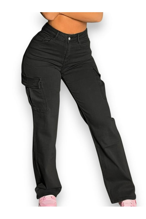 Women’s Black High-Waisted Wide Leg Jeans – Multi-Pocket Straight Fit Utility Jogger Style Pants
