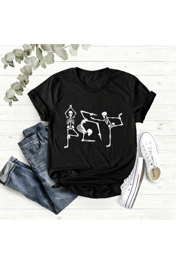 Women's Black Yoga Skeleton Graphic Tee Plus Size S-5XL, Funny Printed T-Shirt, Casual Oversized Top for Yoga & Humor Enthusiasts