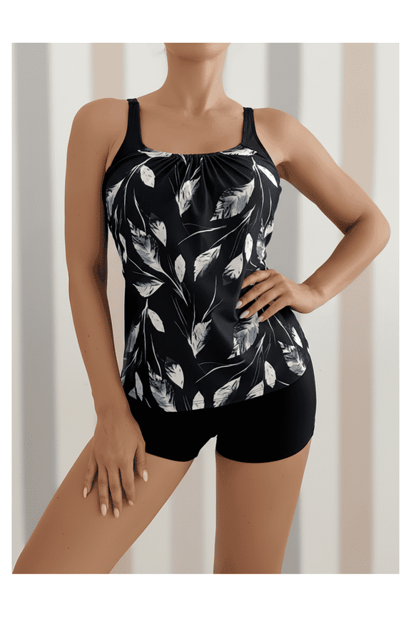 Women's Black and White Leaf Print Ruched Tankini Set with Boyleg Shorts - Two Piece Swimsuit for Beach, Pool, Vacation S-XL