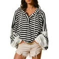 thumbnail image 1 of Women's Black and White Oversized Striped Henley Hooded Top with Dolman Sleeves - [ZhiHiMeRi] | (US 12-14)L, 1 of 6