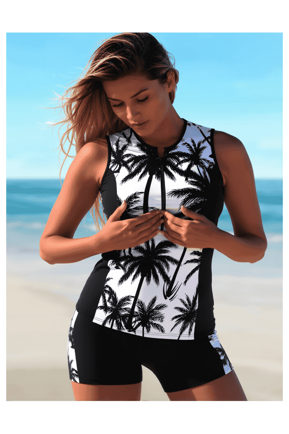 Women's Black and White Palm Tree Print Tankini Swimsuit, Zip Front Two-Piece with Boyshorts, Sizes S-XXL
