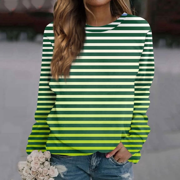 Women's Black and White Striped Long Sleeve Shirt, Casual Round Neck Blouse Tops, Printed Sweatshirt Style Blouse for Women
