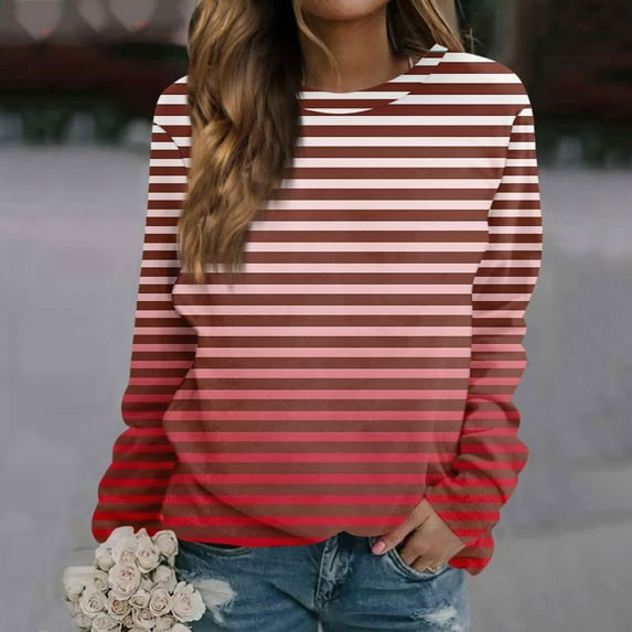 Women's Black and White Striped Long Sleeve Shirt, Casual Round Neck Blouse Tops, Printed Sweatshirt Style Blouse for Women